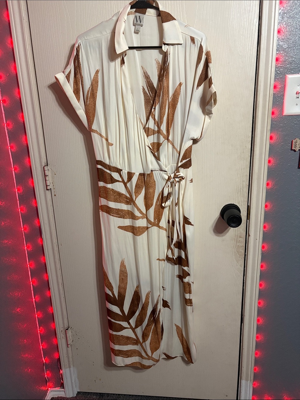W by Worth Cream Midi Wrap Dress with Brown Leaf Print